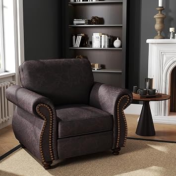 Couchus Vintage Accent Chair with Rivet Decoration, Traditional Upholstered Armchair, Living Room Chair, Rustic Single Sofa Chair for Bedroom, Reading Room & Office Brown, Single