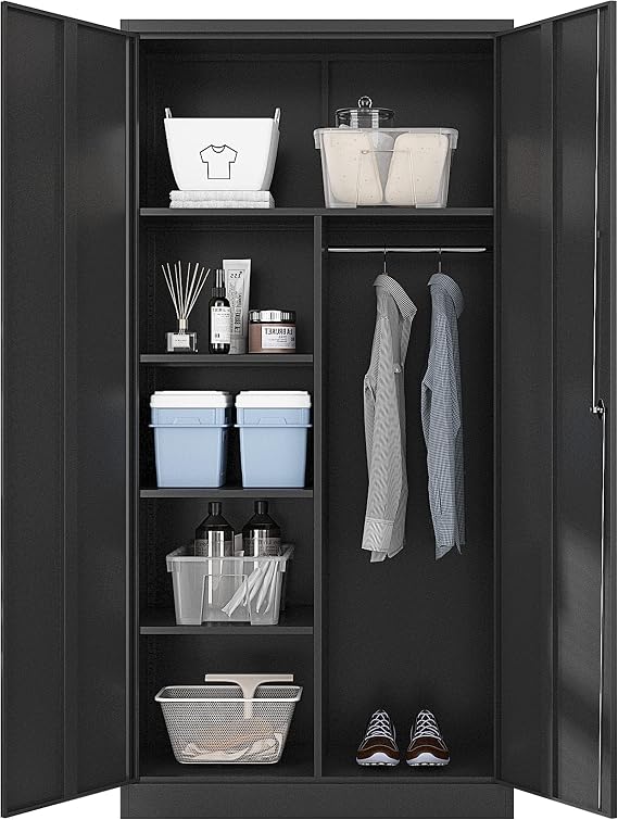 Metal Armoire Wardrobe Closet Cabinet for Hanging Clothes with Lock Doors,72" Steel Lockable Wardrobe Storage Locker Clothes Organizer for Bedroom, Laundry Room (Black)