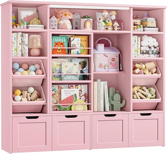 FINETONES Toy Storage with Sliding Bookshelf, Toy Organizer with 4 Bins