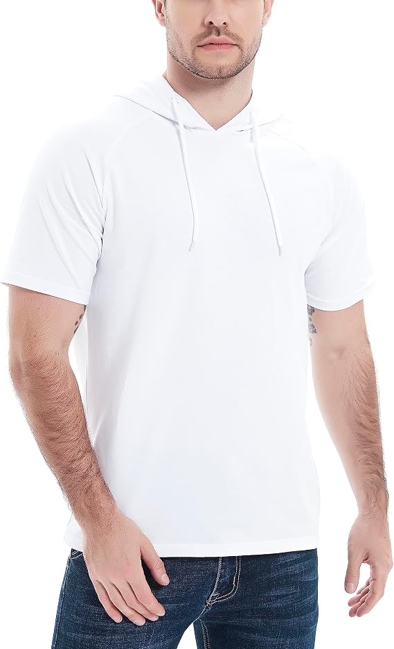 Men's Short Sleeve Hoodie T Shirt Classic Drawstring Sweatshirts Summer Hipster Hooded T Shirts Pullover Top Hoodie For Men White Small