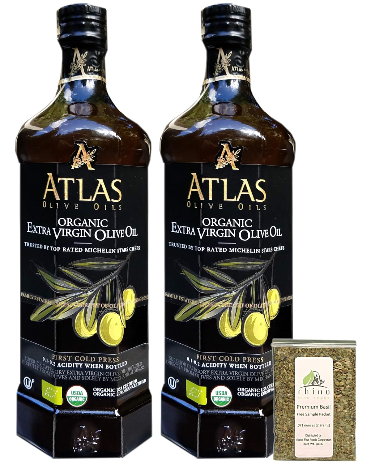 Atlas Olive Oils SARL, Organic Extra Virgin Olive Oil, Imported from Morocco, 25.4 fl oz Pack of 2  FREE Premium Basil Leaves from Rhino Fine Foods, .71 oz