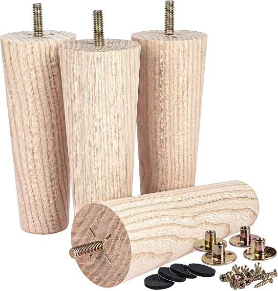 La Vane 4 inch Ash Wood Tapered Furniture Legs 4-Pack with 5/16" Thread | Unfinished Ash Wood with Straight Grain, 400lb Load Capacity, Hardware inclu., Mid-Century Modern, Upgrade for Sofa Cabinet