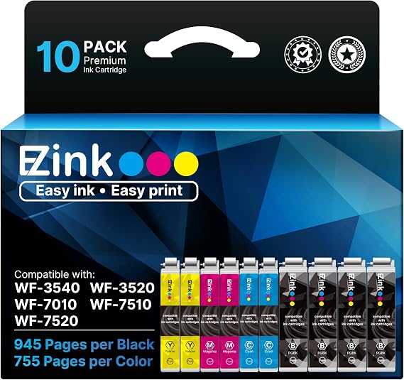 E-Z Ink Remanufactured Replacement for 127 Ink Cartridges for 127 NX530 625 | Compatible for 127 for Epson NX530 625 WF-3520 WF-3530 WF-3540 WF-7010 WF-7510 7520 545 645 Printer(10 pack, 4BK/2C/2M/2Y)