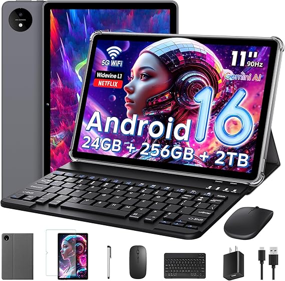 Raemond Android 16 Tablet 11 Inch with Gemini AI, T7250 Octa-Core, 24GB RAM + 256GB ROM /2TB TF, 16MP+8MP, 1920x1200 IPS HD Display(Black)