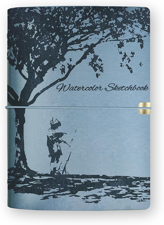 Watercolor Sketchbook, Leather Watercolor Journal, 9.06"x6.69", 140LB/300GSM, 24 Sheets, 48 Pages, 100% Cotton Watercolor Paper, Watercolor Book for Adults, Artists, Students (Blue)
