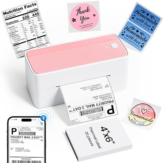 Phomemo Thermal Shipping Label Printer, 241BT Label Printer for Small Business &Shipping Packages, Pink 4x6 Bluetooth Thermal Printers Compatible with Android iOS Windows, Amazon,UPS, Shopify