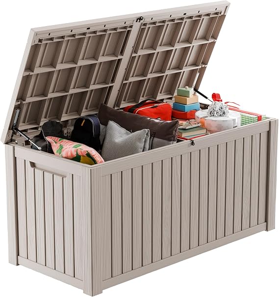 PatioZen 200 Gallon Large Deck Box,Resin Outdoor Storage Box with Lockable for Patio Furniture, Garden Tools Waterproof Outside Storage Box, Grey