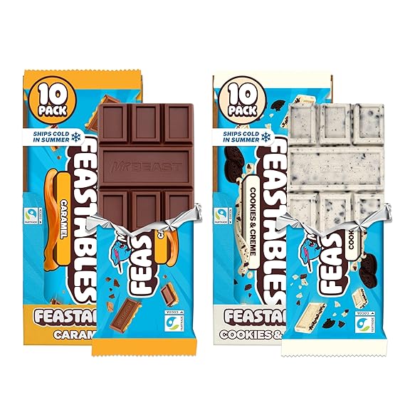 MrBeast Feastables Caramel & Cookies & Creme Chocolate Variety Pk King 20ct | Fairtrade cocoa candy bars, ships cold, clean ingredients, no additives, sharable, party snacks, desserts, gifts, Halloween