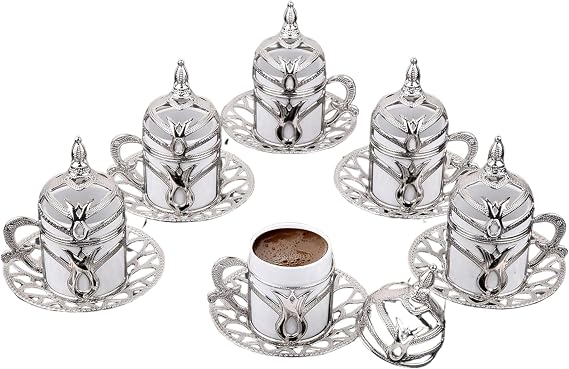 Tulip Patterned Espresso Coffee Cup Set of 6 with Saucer, Holders and Lids, Turkish Arabic Greek Porcelain Serving Mugs for Guests, Housewarming Gifts, Wedding, Events - Silver/White