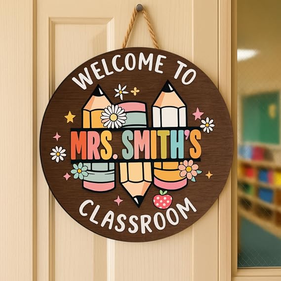 NANI Personalized Welcome to Classroom Door Sign, Custom Teacher Wooden Sign with Name, You Are Smart, Brave, Kind, Loved Wooden Door Hanger With Flower, Gifts For Teacher, Back-to-School Gift #11