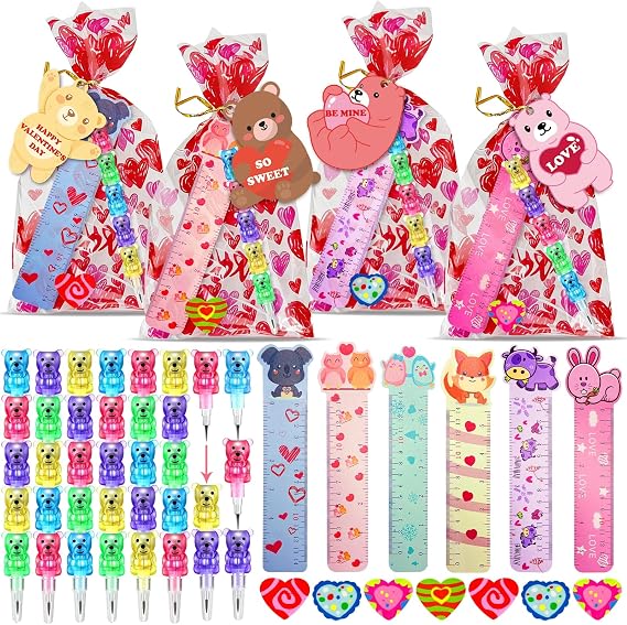 24 Pack Valentines Day Classroom Exchange Gift for Kids with Stationery Set Assorted Valentines Day Cards for Kids School Valentines Party Favors for Class with Goodie Bag and Pencils, Erasers, Rulers
