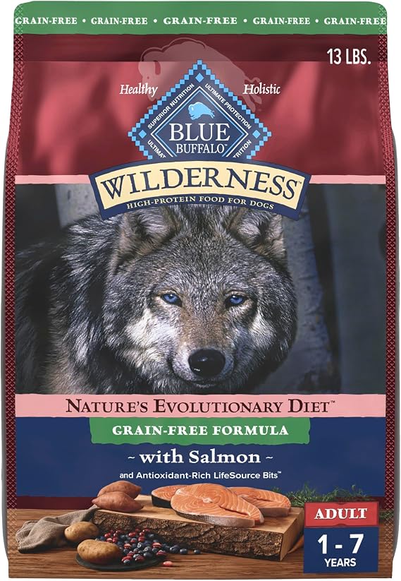 Blue Buffalo Wilderness with Salmon High Protein Grain Free Dry Dog Food for Adult Dogs, 34% Protein, Supports Immunity with Antioxidant-Rich LifeSource Bits, 13 lbs.