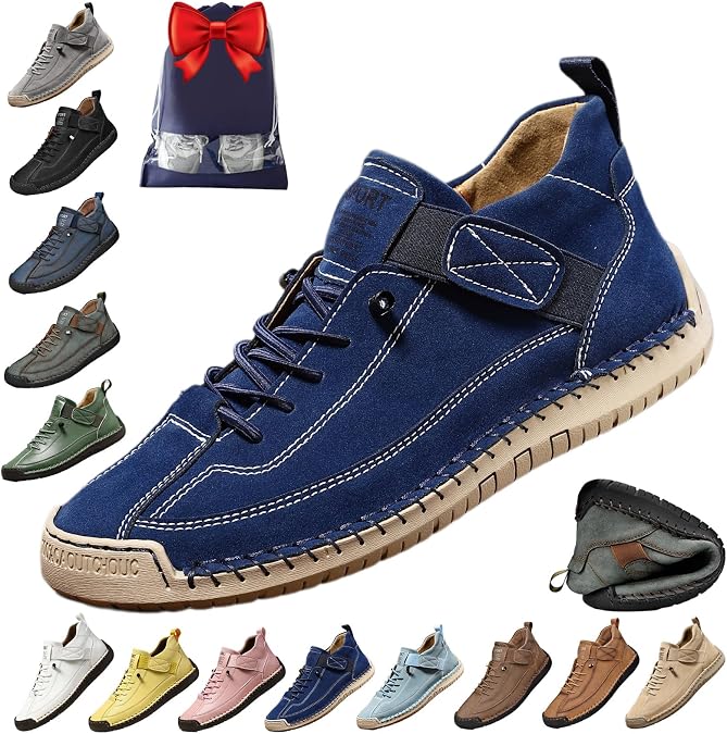 Comfortable Orthopedic Sneakers, Unisex Handmade Leather Comfy Shoes, Slip on Soft Comfort Orthopedic Support Boots (Dark Blue,10 Women/8.5 Men)