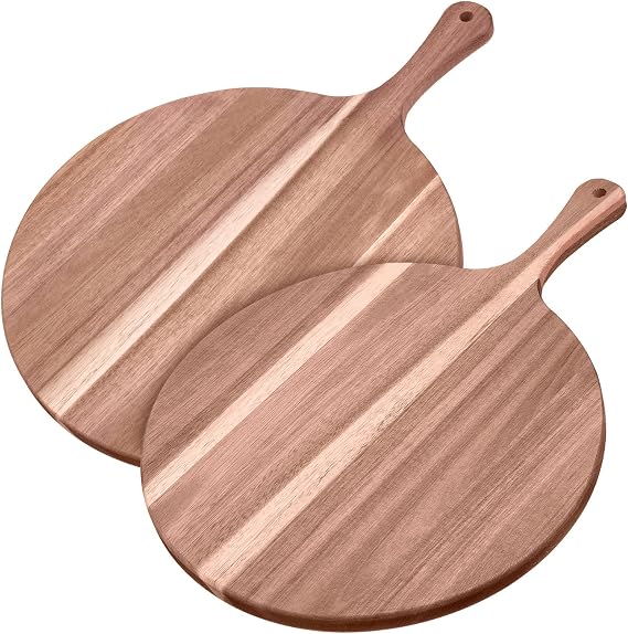 2 Pcs Round Wood Cutting Board Pizza Charcuterie Boards 16" x 12" Acacia Serving Board Wooden Peel Cheese Paddle with Handle Kitchen Gift for Home Food Baking Cheese Fruits Vegetables Bread