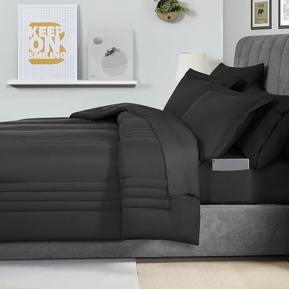 Full Size Comforter Set Quilted Stripe Bedding Bundle Comforter, Mattress Protector, Sheets with Pockets on the Side & Built-in Corner Strap Fitted Sheet Media Pocket for Devices, Black