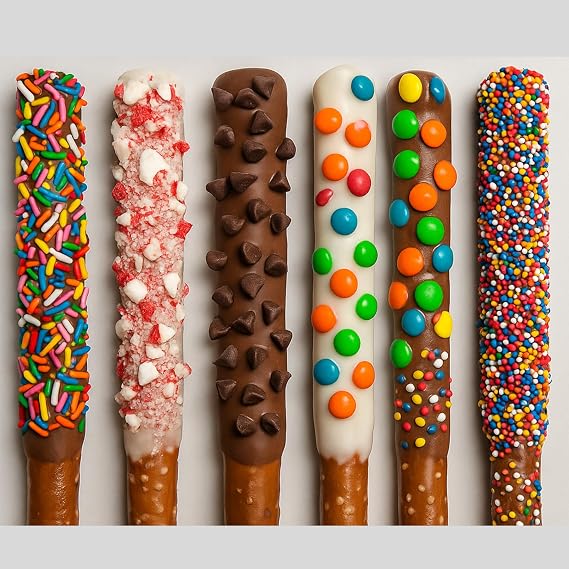 Chocolate Covered Pretzel Rods Gourmet Pretzel Sticks with Rainbow Sprinkles & Assorted Toppings Bulk 50 pack Individually Wrapped Chocolate Covered Pretzels Free sampler 4 oz chocolate twists