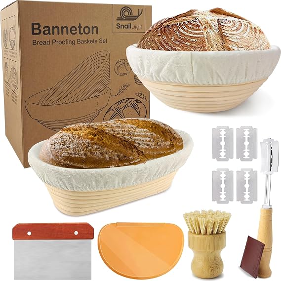 Banneton Bread Proofing Basket Set for Sourdough Bread Baking: 23cm Round &amp; 25cm Oval Rattan Proving Bowls with Liner, Bread Lame, Dough Scraper, Brush, Baking Gifts for Professionals and Home Bakers
