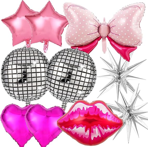 11 Pcs Hot Pink Princess Foil Balloons, Disco Ball Balloon, Girl Head Balloons, Pink and Silver Balloon for Box Photo Booth Backdrop, Birthday, Baby Shower, Bachelorette Theme Party Decorations