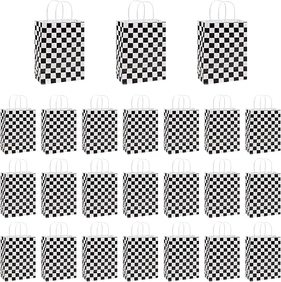 24 Pcs Checkered Racing Treat Bags Race Car Party Favors Bag with Handles Black and White Checkered Racing Flag Candy Bags Goodie for Car Themed Birthday Party Supplies