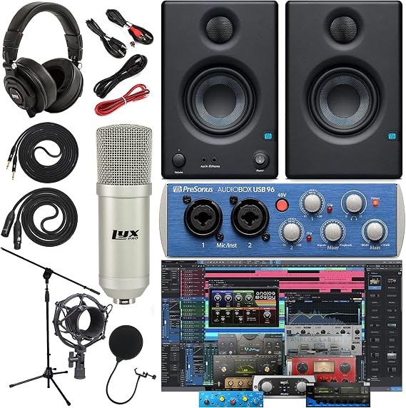 Presonus AudioBox 96 Audio Interface (May Vary Blue or Black) Complete Studio Bundle with Studio One Artist Software Pack w/Eris 3.5 Pair Studio Monitors, Condenser Microphone, 1/4 Instrument Cables