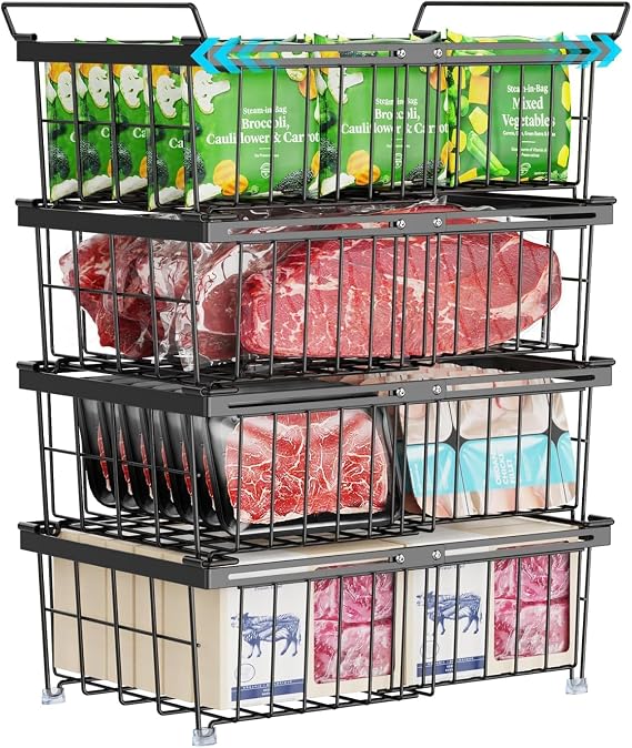 Deep Freezer Organizer Bins - Stackable Freezer Organizer Bins | 4 Pack For 10 to 20 Cu. Ft Chest Freezers, Wire Baskets for Frozen Food, Easy Food Access and Restocking, Black