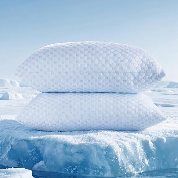 Favocama Cooling Pillow for Sleeping, Shredded Memory Foam Pillows Queen Size Set of 2, Double Sided Cooling Bed Pillows for Hot Sleepers, Side Back and Stomach Sleepers