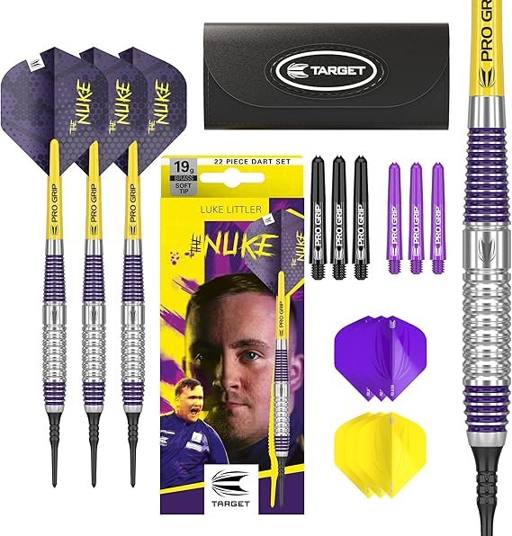 Target Darts Luke Littler Brass Soft Tip Darts Set 19G Pixel Tip Dart, The Nuke Player Edition Dart Set, Dart Flights, Shafts & Dart Case Included | Professional Dart Accessories