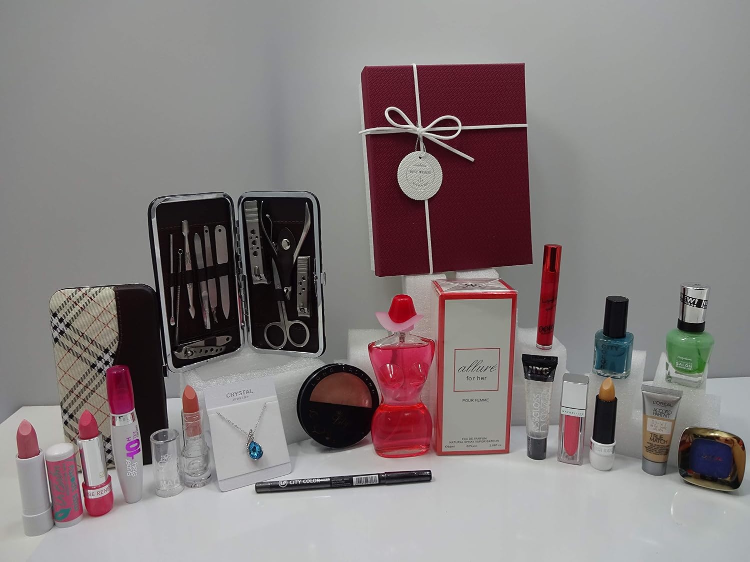 Make Up &amp; Perfume Gift, 26pc Gift Set - Allure Perfume, Mix Brands Make Up 11pc Manicure Kit, Crystal Necklace Diamond Pendant  L'Oreal Foundation In Gift Box