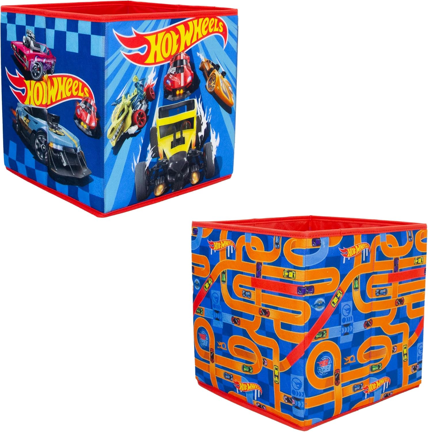 CHARACTER WORLD Hot Wheels Officially Licensed Storage Boxes | 2 pack Foldable Storage Cubes| Perfect For Organising Children's Room, Kids Playroom, 30 x 30cm, Blue, Orange