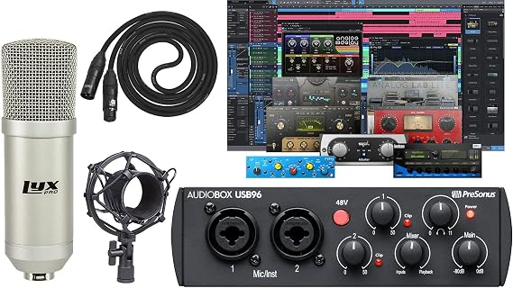 PreSonus AudioBox 96 Audio USB 2.0 Recording Interface (Black) and Studio One Artist Software kit with Condenser Microphone Shockmount, and XLR Cable