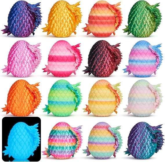 TBOLINE 16 Pack 3D Printed Dragon Egg, Treasure Box Classroom Prizes 3D Printer Toys for Kids, Party Favors Dragon Fidget Toys with Basket & Stickers, Small Dinosaur Eggs Toys for Boys 5-7 6-8 8-10