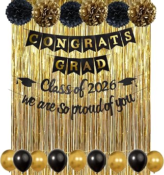 Graduation Decorations 2026 Complete Set- Class of 2026 Congrats Grad Proud of You Banners Sign Garland with Black Gold Party Supplies- Balloons, PomPoms, Foil Tinsel Backdrop Decor for School College