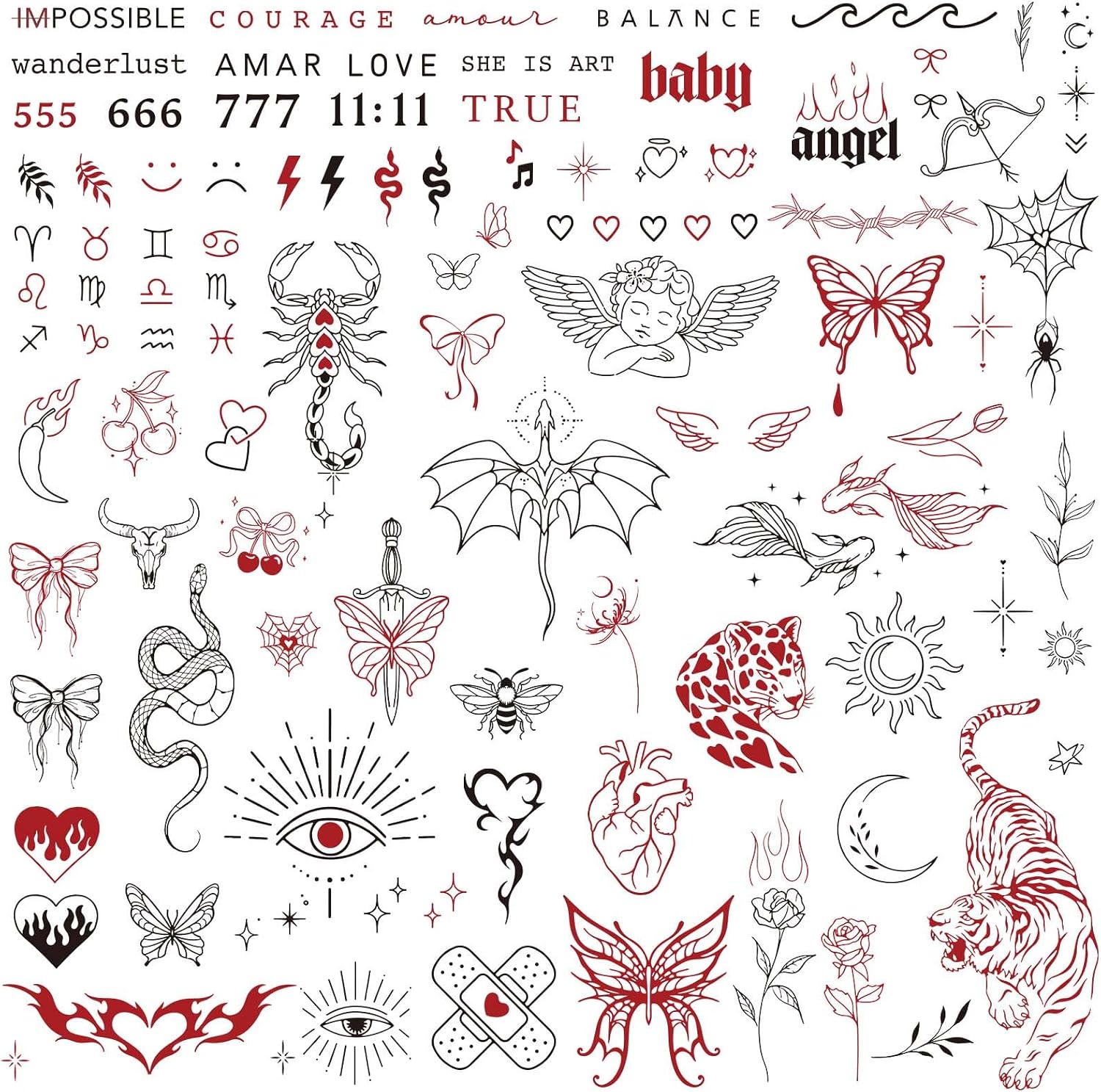 3 Sheets Temporary Tattoos for Women, Fine Line Realistic Fake Tattoos, Minimalist Gothic Body Art Stickers, Tiger Snake Angel Designs for Hand Arm Shoulder, Halloween Costume Party Gifts