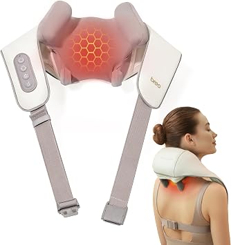 Breo N5 Mini Neck Massager with Heat, 5D Kneading Shiatsu Neck and Shoulder Massager for Pain Relief deep Tissue,Hands-Free Strap, Cordless Travel, Gifts for Office Home Car,Beige.