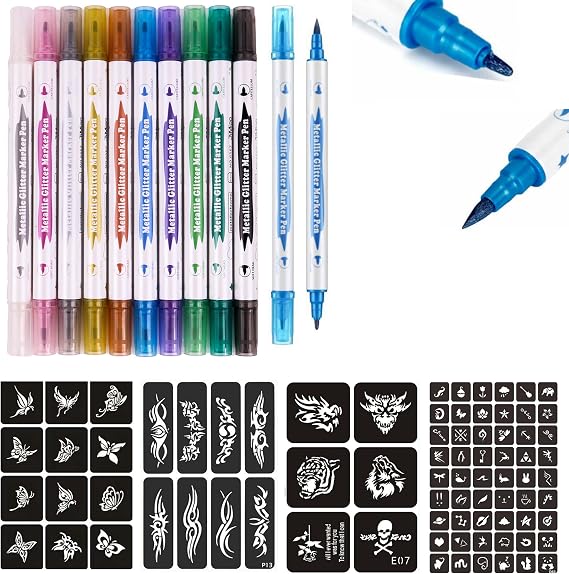 Temporary Tattoo Markers for Skin,10-Count Body Markers+80 Large Tattoo Stencils of Assorted Colors,Dual-End Tattoo Pens Bold and Fine Line with Temporary Tattoo Ink