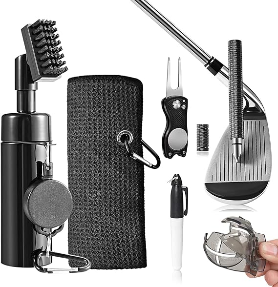 Golf Club Cleaning Kit,Golf Accessories,Golf Cleaning Kit with Golf Club Cleaner Water Brush,Towel,Divot Repair Tool,Groove Sharpener,Golf Ball Alignment Complete Golf Kit