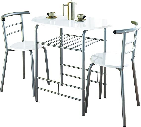 Modern White High Gloss Small Dining Table and 2 Chairs Set Metal Frame MDF wood Top Kitchen Dining room sets 2 seater Space-saving furniture G-0075