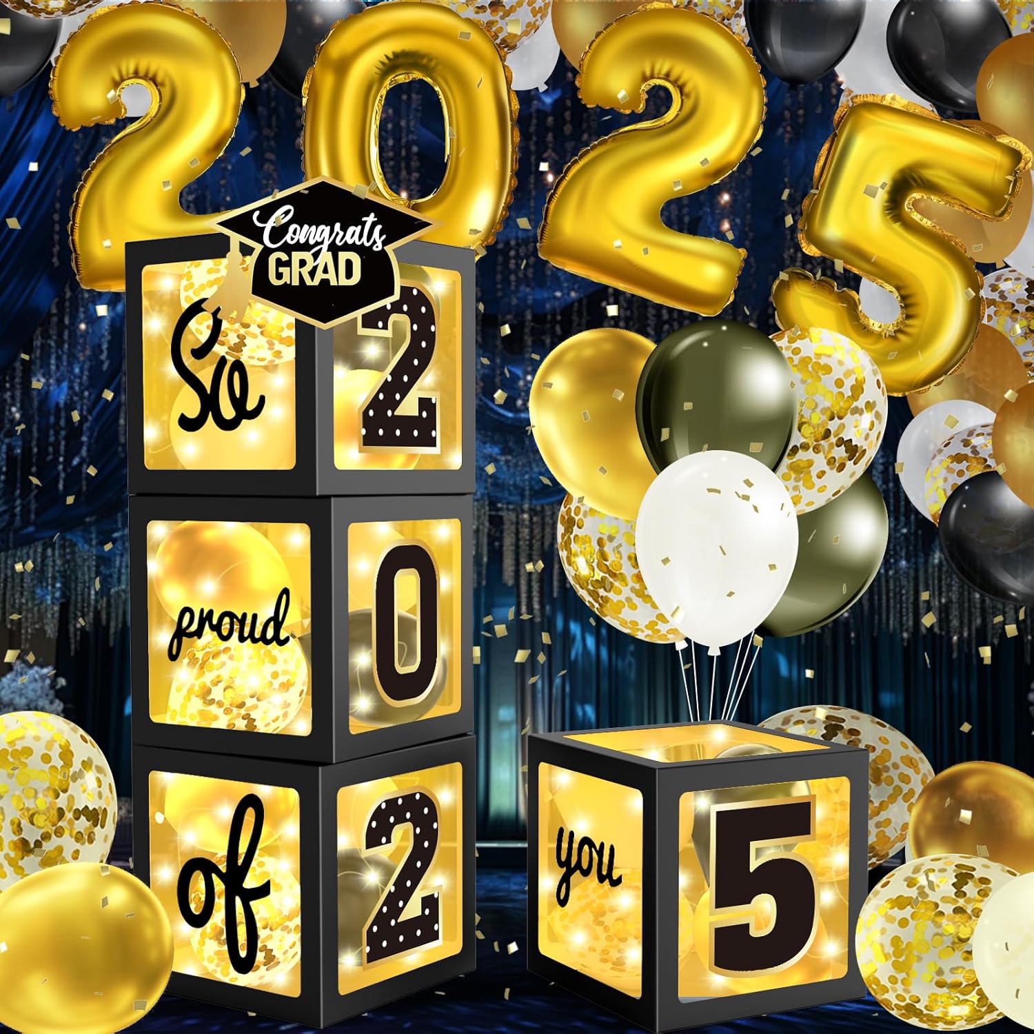 Graduation Decorations 2025, Graduation Party Decorations, Balloon Boxes with Led String Lights, Letters 2025 So Proud You and 35 pcs Balloons, Reusable Congrats Grad Party Decoration for Any Grades