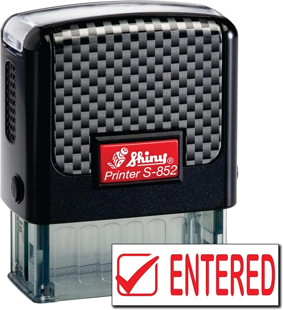 Shiny Entered Stamp Self Inking Rubber Stamp, 1/2" by 1-1/2" Impression Area, Red Ink, Refillable