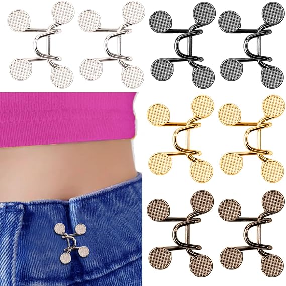 Adjustable Pant Waist Tightener,8 Set Jeans Pants Clips to Tighten Waist Buttons for Loose Jeans No Sewing Button Make Waistband Smaller Tightener for Women and Men(4 Colors)