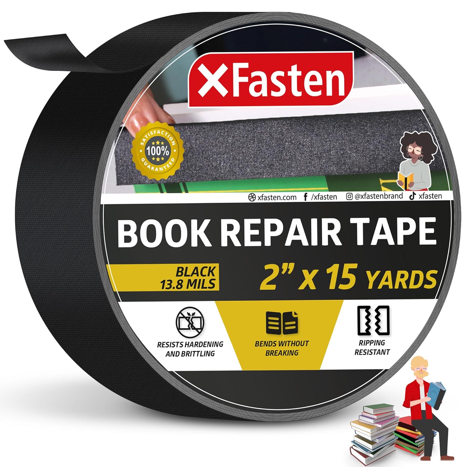 XFasten Book Binding Repair Tape, Black, 2-Inch by 15-Yard (50.8mm x 13.71m), Cloth Library Book Hinging Repair Tape, Acid Free and Archival Safe