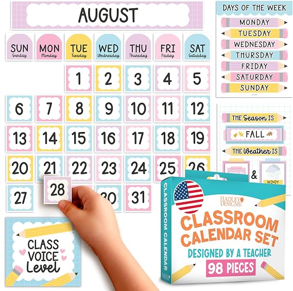 Hadley Designs Classroom Calendar Set Bulletin Board Decorations - Pastel School Calendar for Classroom Decor, Kindergarten Preschool Elementary Teacher Must Haves, Homeschool & Daycare Essentials