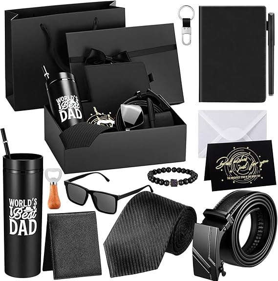 Tioncy 12 Pcs Men Birthdays Gift Set with Box Basket Tumbler Wood Bottle Opener PU Leather Wallet Tie Belt Keychain Sunglasses Pen Journal Gift Box and Bag Set for Husband(Super Dad)