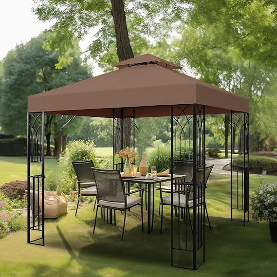 8x8 Outdoor Patio Gazebo, Soft Top Gazebo Tent, Brown | Outdoor Screened Tent with Corner Shelves, Ventilated Double Roof, Ceiling Hook, Canopy Tent for Backyard, Patio, Party