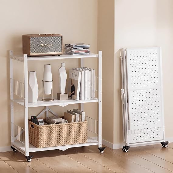Folding Storage Shelves, 3-Tier Metal Foldable Shelf Shelving Rack Organizer On Rolling Wheels in Kitchen Warehouse Patio Pantry Basement Collapsible Shelves No Assembly (White, 3-Layer)