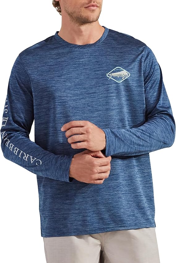CARIBBEAN JOE Men's Rash Guard, Fish Logo Long Sleeve Sun Protection Swim Shirt, Beach and Fishing T-Shirt Top, Navy Spacedye