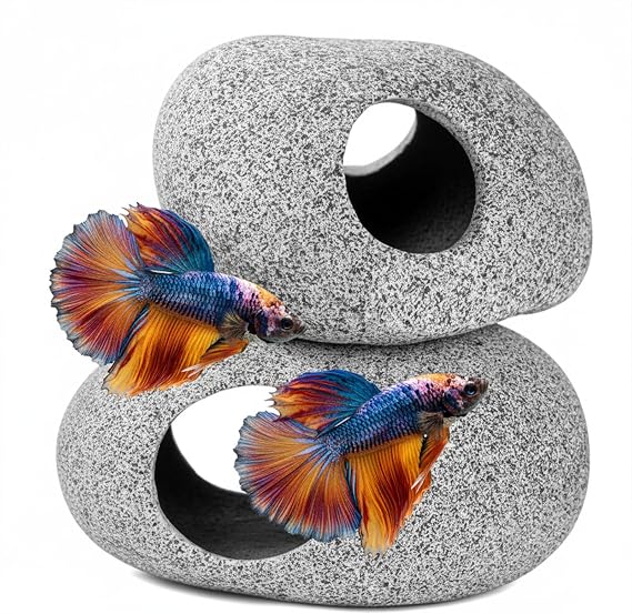 Aquarium Cave Decor - 2 PCS Natural Fish Tank Rocks for Betta Hideout and Shrimp Breeding, Hand-Polished Smooth Edges, PH Neutral, Ideal for 5-20 Gallon Tanks, Aquascaping Stone Ornaments