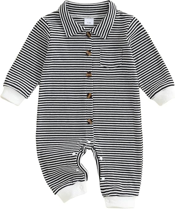 Baby Boy Fall Clothes Stripe/Solid Color Romper Long Sleeve Collared Button Down Jumpsuit Newborn Winter Outfit