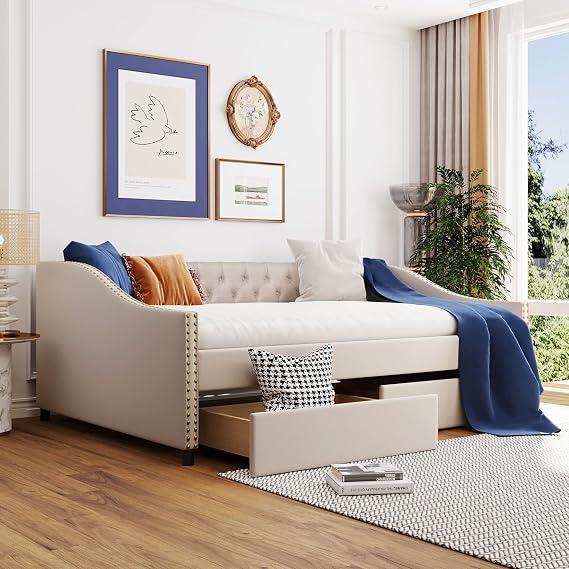 Upholstered Daybed with Two Storage Drawers, Wooden Full Size Tufted Sofa Bed Frame Daybed with Nailhead Trim and Wood Slat Support for Adults Kids Teens, Space Saving (Beige-005)