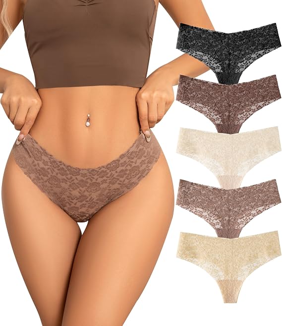 SHARICCA Women Seamless High Waist Underwear Sexy Floral Lace Thong Soft Comfortable Panties Pack